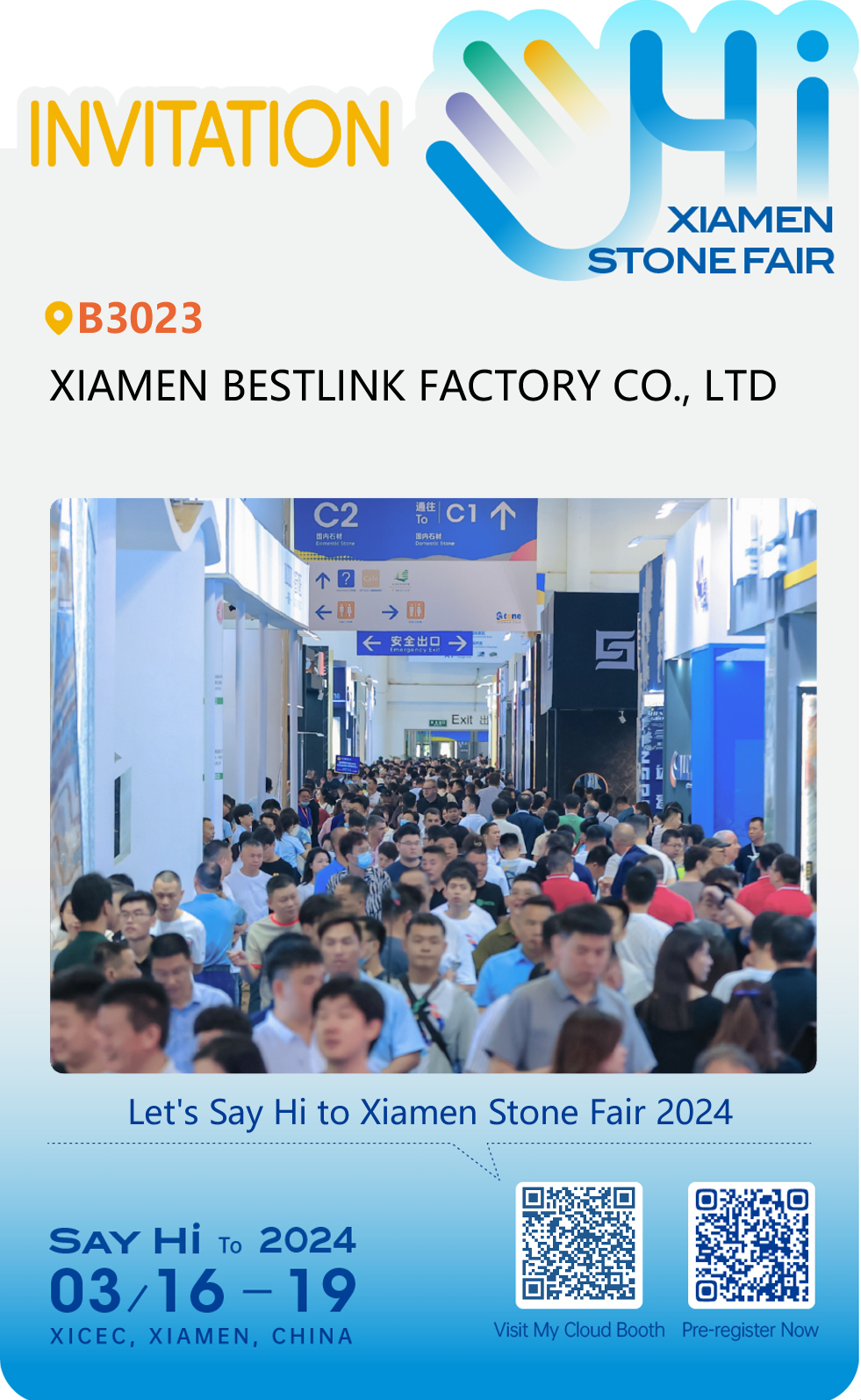 Добро пожаловать в B3023 Sxiamen Bestlink Factory Co., Ltd. 24 -й Китайская международная каменная ярмарка Китая Сямен